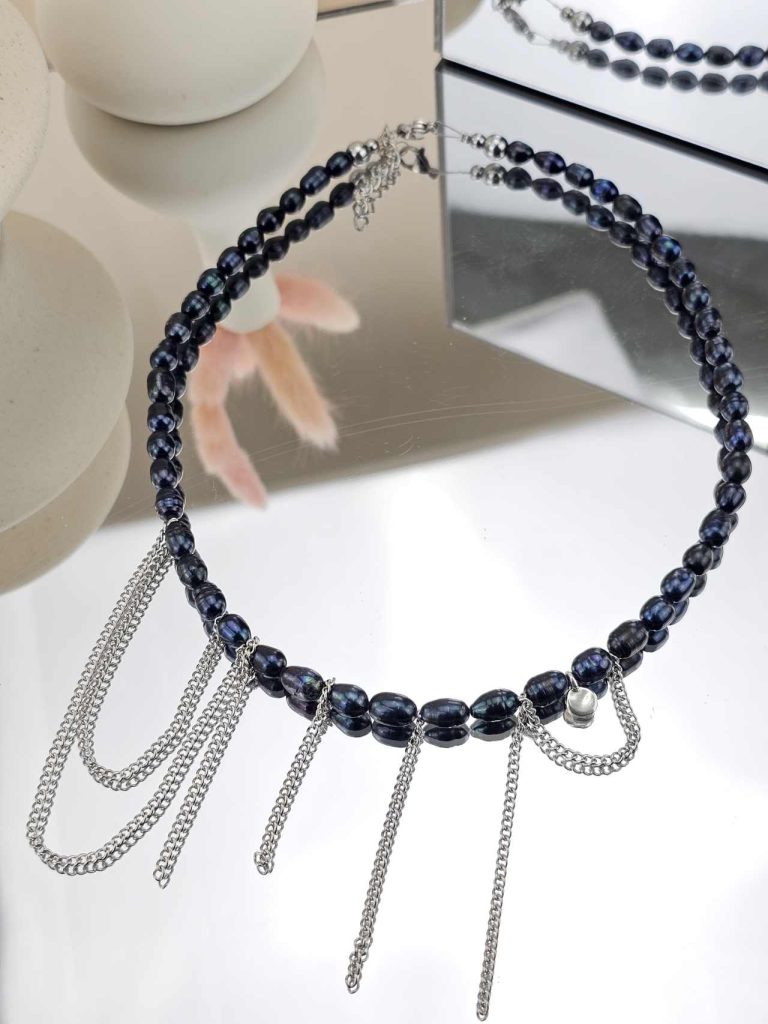 Γυναικείο Κολιέ Blue Black Pearls with Silver Details