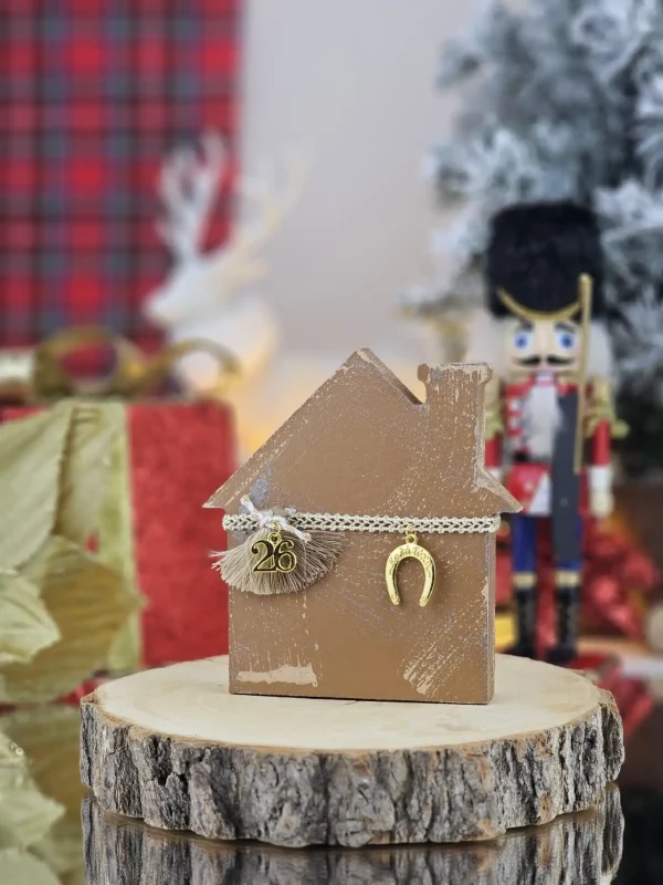 Διακοσμητικό Γούρι Ξύλινο Σπιτάκι S Κάμελ