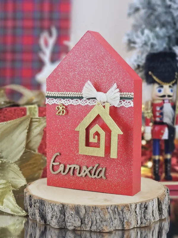 Διακοσμητικό Γούρι Ξύλινο Σπιτάκι Κόκκινο
