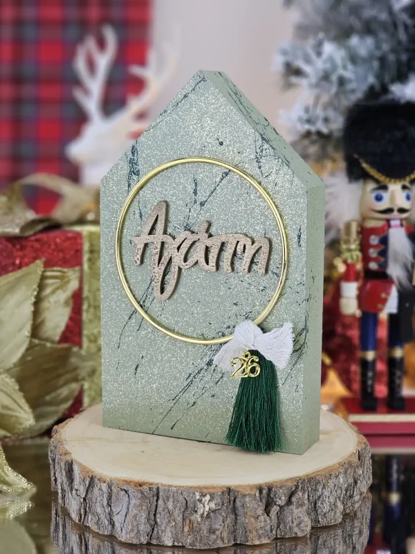 Διακοσμητικό Γούρι Ξύλινο Σπιτάκι Χακί - Ευχή