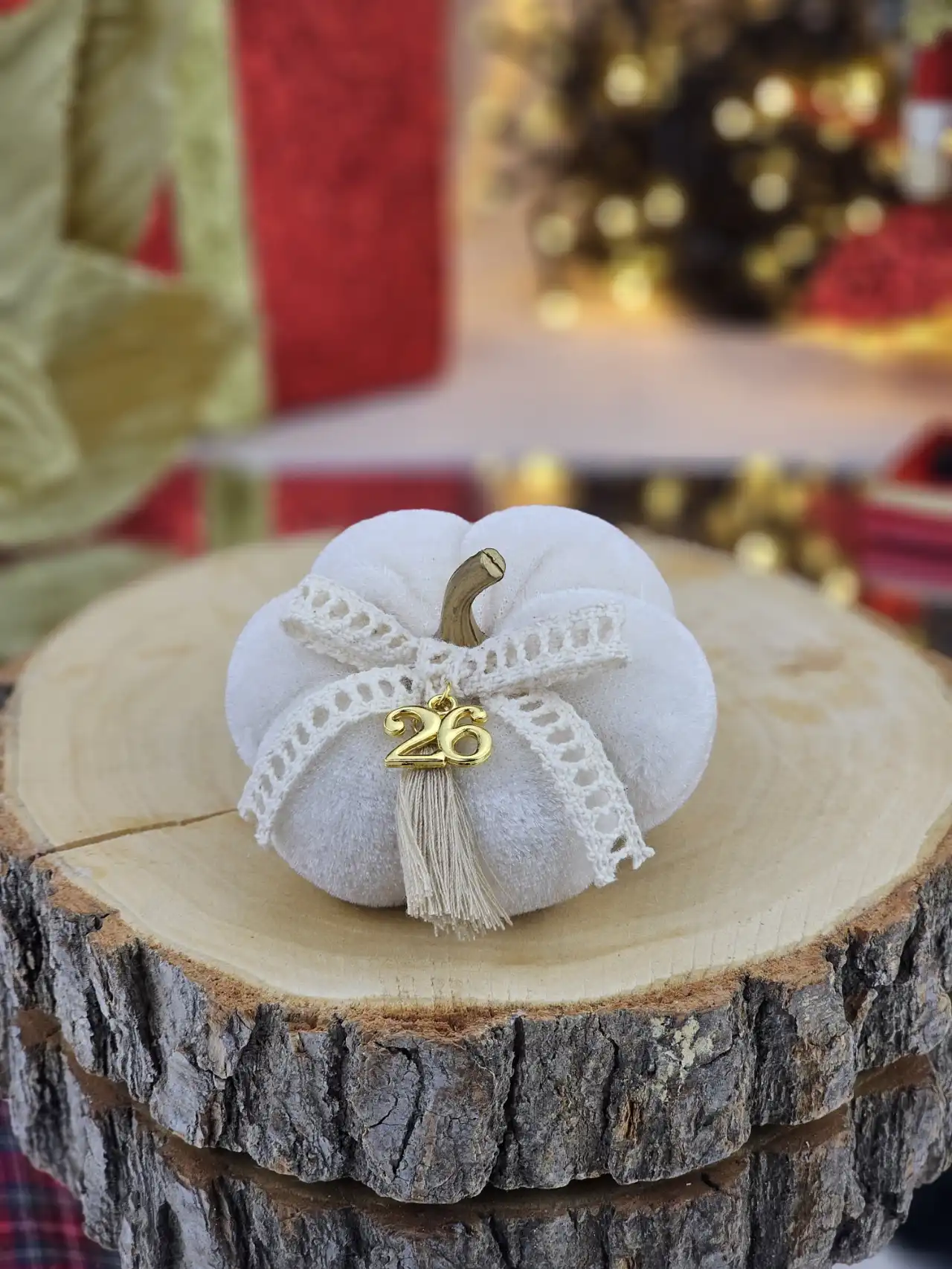 PLC03 Διακοσμητικό Γούρι Mini Βελούδινη Κολοκύθα Εκρού