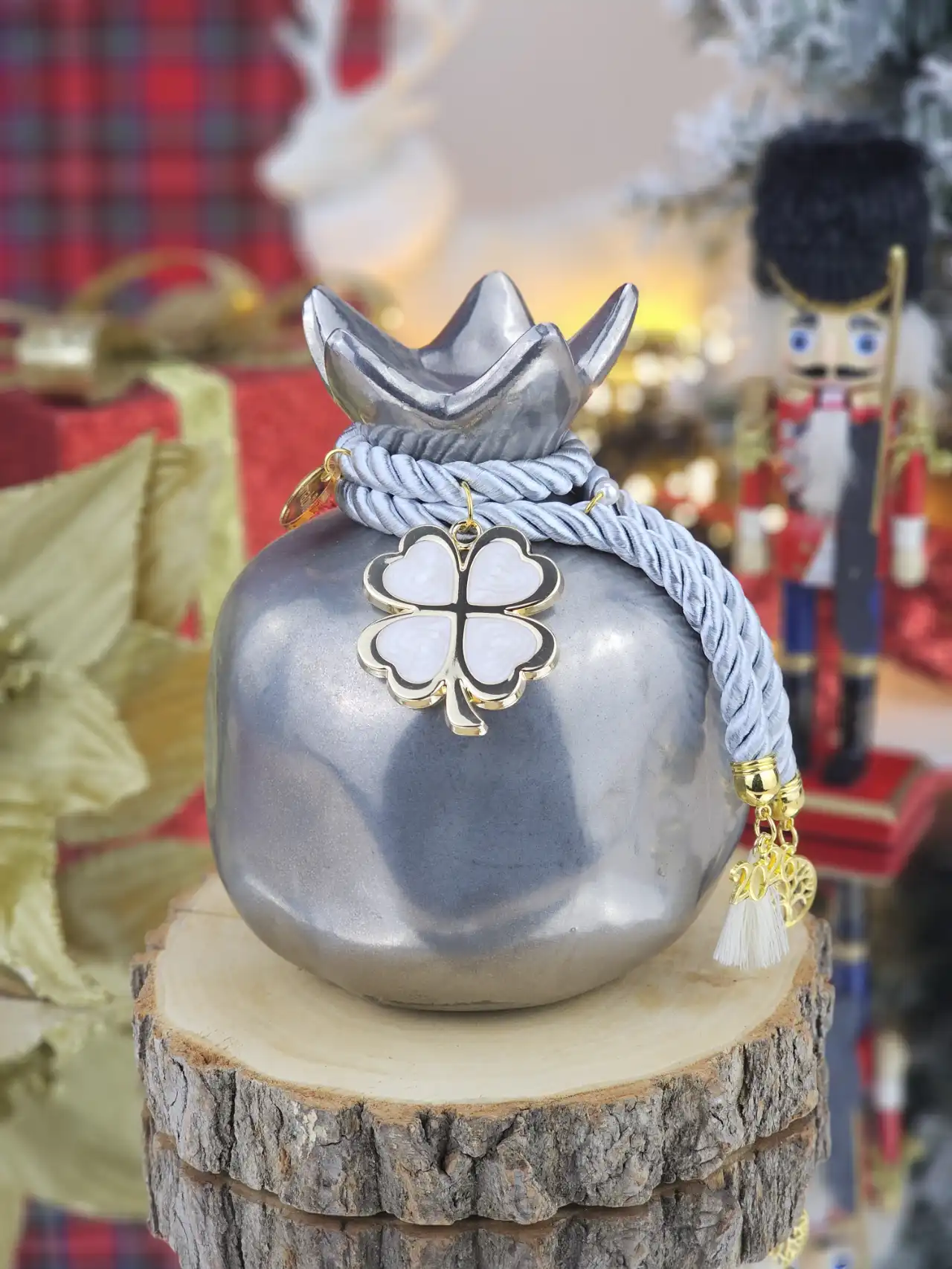 RLC41 Διακοσμητικό Γούρι Κεραμικό Ρόδι XL Ασημί